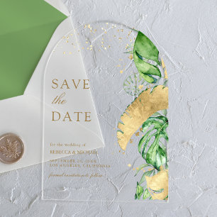 Invitaciones Acrílicas Guardar la fecha de boda de oro de arco de palma t