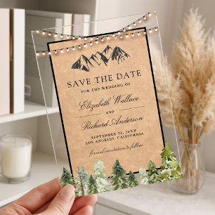 Invitaciones Acrílicas Guardar la fecha de boda en el bosque montañoso de
