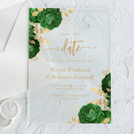 Invitaciones Acrílicas Guardar la fecha de boda floral de oro verde esmer