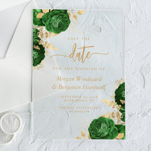Invitaciones Acrílicas Guardar la fecha de boda floral de oro verde esmer
