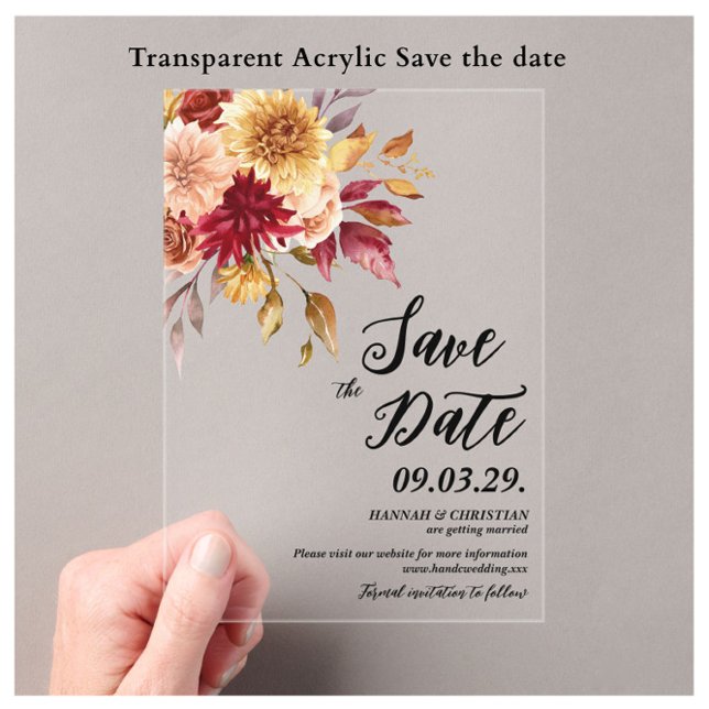 Invitaciones Acrílicas Guardar la fecha de otoño floral (Subido por el creador)
