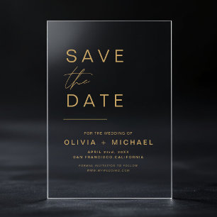 Invitaciones Acrílicas Guardar la fecha en oro Elegante escritura minimal