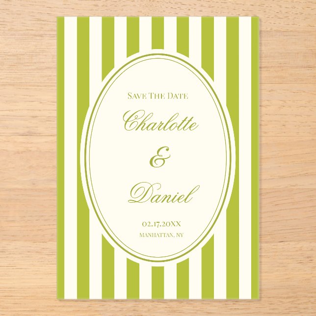 Invitaciones Acrílicas Guardar la franja de fecha personalizada Chartreus (Anverso)