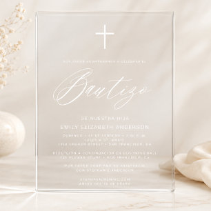 Invitaciones Acrílicas Guion de Bautizo Español Blanco Bautismo