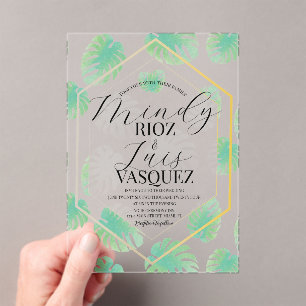 Invitaciones Acrílicas Guión de boda de acuarela Monstera tropical negro