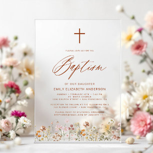 Invitaciones Acrílicas Guión de flores silvestres bautismo beige neutral