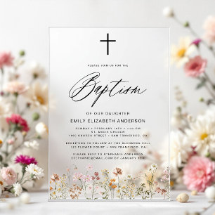 Invitaciones Acrílicas Guión de flores silvestres bautismo beige neutral