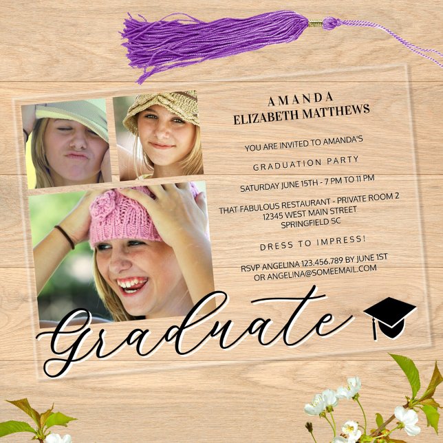 Invitaciones Acrílicas Guión De Moda 3 Foto Graduación En Blanco Y Negro (This three photo collage design with a girly script detail celebrates your graduate in style)