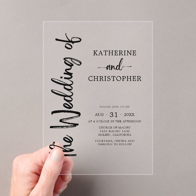 Invitaciones Acrílicas Guión formal blanco negro elegante boda transparen (Insitu (portátil))