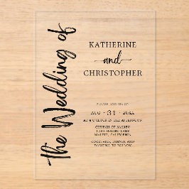 Invitaciones Acrílicas Guión formal blanco negro elegante boda transparen