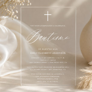 Invitaciones Acrílicas Guion minimalista español blanco Bautismo