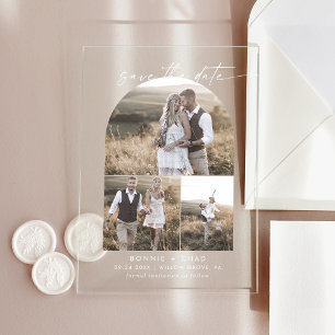 Invitaciones Acrílicas Guión moderno 3 Foto Boda Blanca Guardar La Fecha