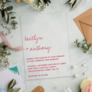 Invitaciones Acrílicas Guion Moderno Viva Magenta Minimalista Boda