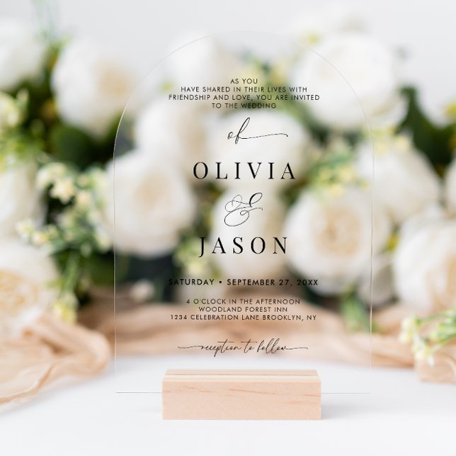 Invitaciones Acrílicas Guión romántico moderno arco Boda blanco negro (Subido por el creador)