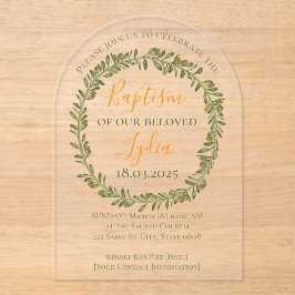 Invitaciones Acrílicas Guirnalda de aceitunas de bautismo personalizado