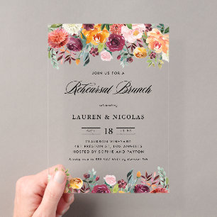 Invitaciones Acrílicas Guirnalda de flores de otoño en acuarela Brunch de