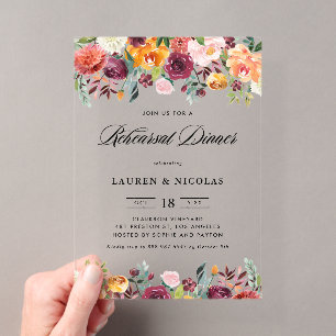 Invitaciones Acrílicas Guirnalda de flores de otoño en acuarela Cena de e
