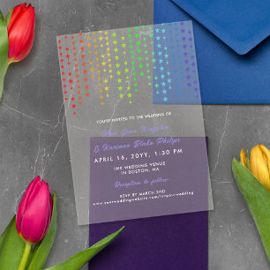 Invitaciones Acrílicas Guirnaldas de estrellas de arcoíris para boda info