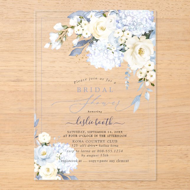 Invitaciones Acrílicas H2 Blue Hydrangea Cream Rosas Brillantes Ducha (Anverso)