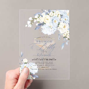 Invitaciones Acrílicas H2 Hortensias Azules Rosas Cremosas Brunch Bubbly 