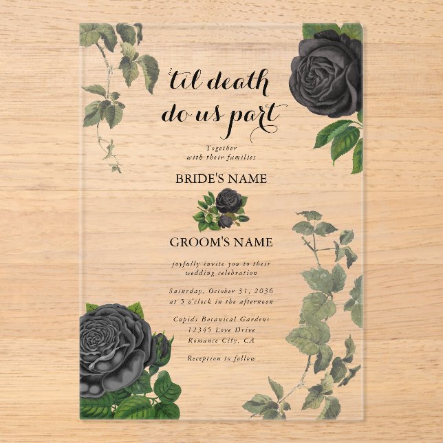 Invitaciones Acrílicas Halloween gótico Rosas negros Boda claro (Anverso)