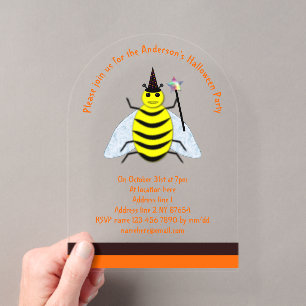 Invitaciones Acrílicas Halloween Magic Bee Witch Naranja y Black Personal