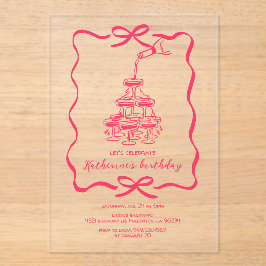 Invitaciones Acrílicas Hand Drawn Champagne Tower Birthday Party Pink
