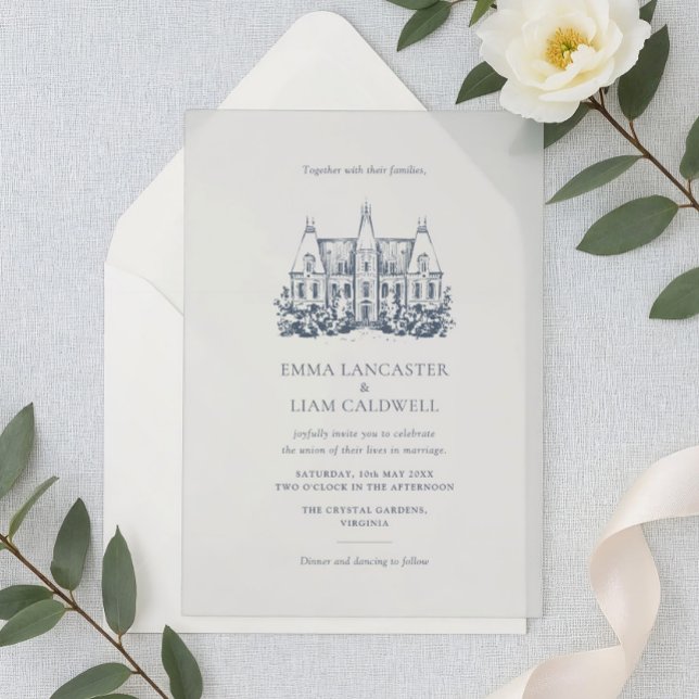 Invitaciones Acrílicas Hand Drawn Chateau Venue Minimalist Wedding (Subido por el creador)