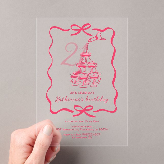 Invitaciones Acrílicas Hand Drawn Chic Pink Champagne 21st Birthday Party (Insitu (portátil))