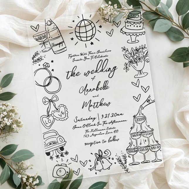 Invitaciones Acrílicas Hand Drawn Whimsical Wedding (Hand Drawn Whimsical Wedding Acrylic Invitations)