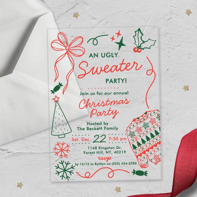 Invitaciones Acrílicas Hand Drwan Christmas Doodles Ugly Sweater Party (Subido por el creador)