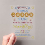 Invitaciones Acrílicas Hanukkah Fiesta Funny | Diversión completa de Latk<br><div class="desc">Estas acrílicas invitaciones del partido Hanukkah incluyen la frase humorística, "Nos divertiremos mucho". Incluyen dibujos de dreidels, menorahs y más adornos. La paleta de colores es gris-azul, marsala roja, dorada y marrón en una invitación acrílica clara. ¡Arroja un divertido fiesta de Hanukkah con estas singulares invitaciones! Utilice las plantillas sencillas...</div>
