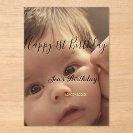 Invitaciones Acrílicas Happy 1st birthday name photo date stylish calligr