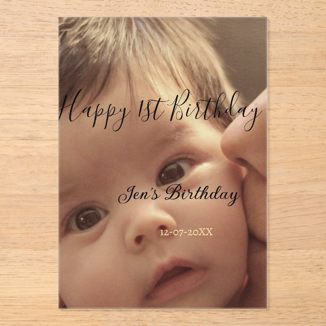 Invitaciones Acrílicas Happy 1st birthday name photo date stylish calligr (Anverso)