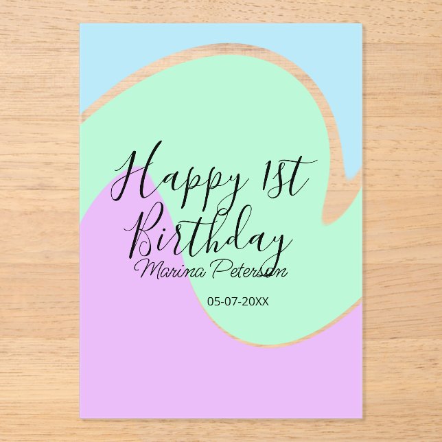 Invitaciones Acrílicas Happy 1st birthday pink green blue acrylic pour  (Anverso)