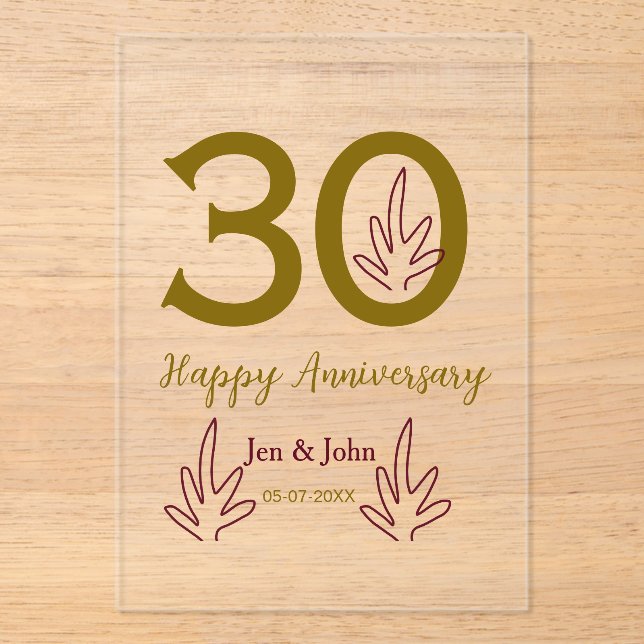 Invitaciones Acrílicas Happy 30th anniversary name date golden red leaf (Anverso)