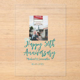 Invitaciones Acrílicas Happy 50th anniversary photo turquoise bow name da