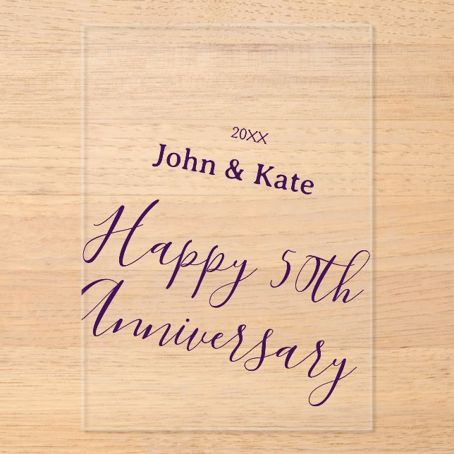 Invitaciones Acrílicas Happy 50th anniversary purple name year simple  (Anverso)