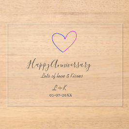 Invitaciones Acrílicas Happy anniversary pink blue heart name date simple
