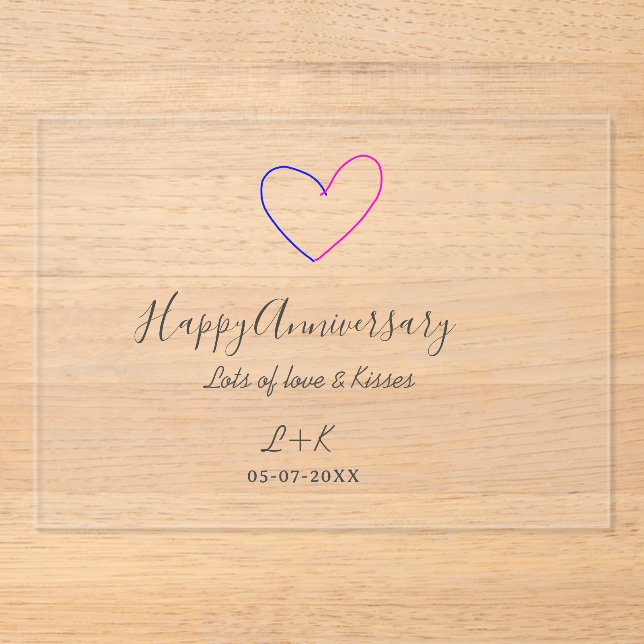 Invitaciones Acrílicas Happy anniversary pink blue heart name date simple (Anverso)