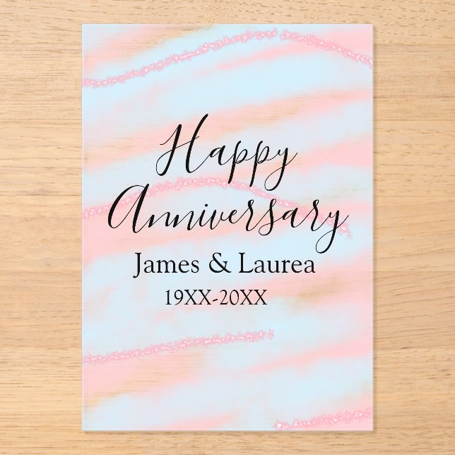 Invitaciones Acrílicas Happy anniversary wedding name date year pastel  (Anverso)