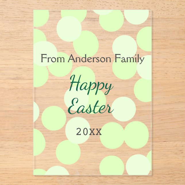 Invitaciones Acrílicas Happy Easter gray green polka dots family name (Anverso)