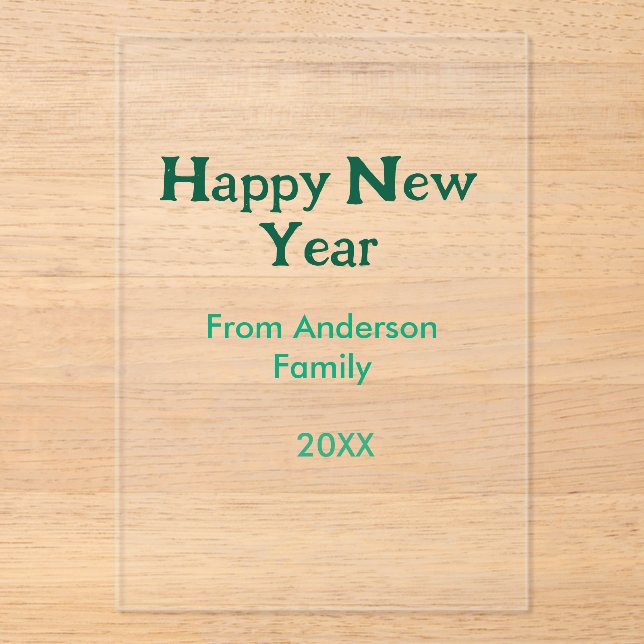 Invitaciones Acrílicas Happy new year green add family name year simple  (Anverso)