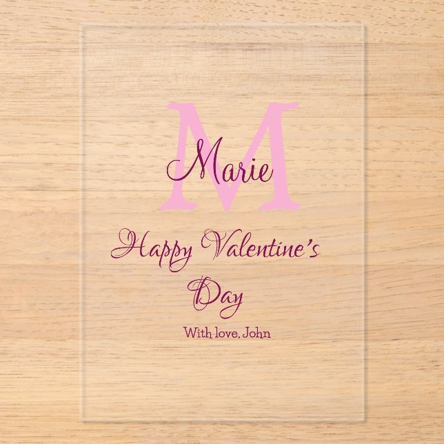 Invitaciones Acrílicas Happy valentine's day monogram pink name love girl (Anverso)