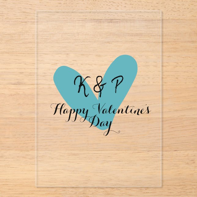 Invitaciones Acrílicas Happy Valentine's day turquoise heart name letter  (Anverso)