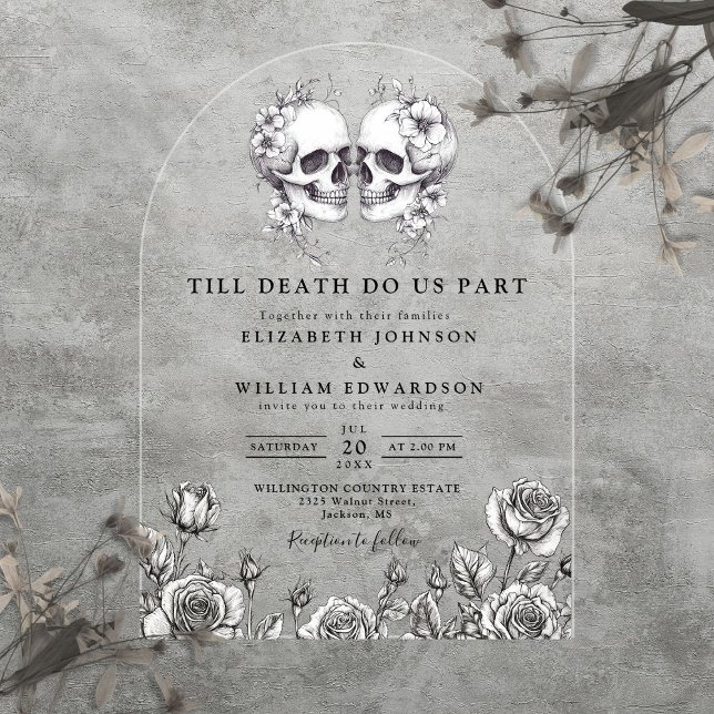Invitaciones Acrílicas Hasta la muerte Arco Boda de los Cránulos florales (Till Death Gothic Floral Skulls Wedding Arch Acrylic Invitations)
