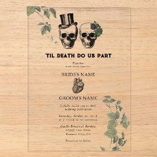Invitaciones Acrílicas Hasta que la muerte corazón gótico floral calavera