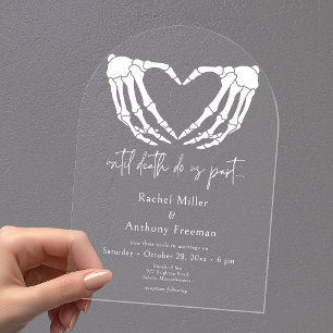 Invitaciones Acrílicas Hasta que la Muerte Esqueleto Manos Arco Boda