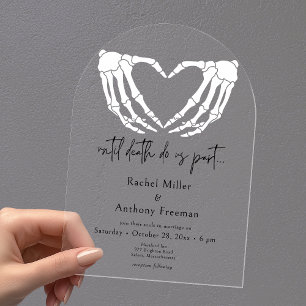 Invitaciones Acrílicas Hasta que la Muerte Esqueleto Manos en Arco Boda