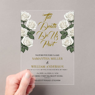 Invitaciones Acrílicas Hasta que la Muerte nos Separe Rosas Blancas Elega